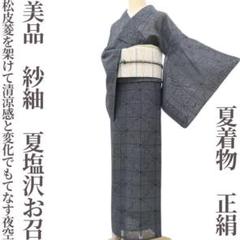 1789.工芸品 塩沢絣 縦縞 魚 ヒラメ 袷 お召 正絹 着物 しつけ糸
