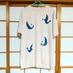 サメ刺繍　Tシャツ　半袖　ピンクベージュ　レディース　フリーサイズ