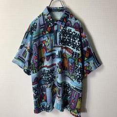 日本製 90s 半袖シャツ 48 アート柄 ポリエステル アロハ ライカ