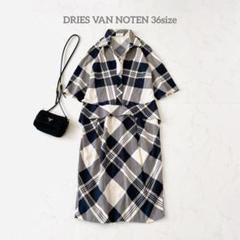 DRIES VAN NOTEN 　チェック　半袖　シャツワンピース　ベージュ　黒 DRIES VAN NOTEN チェック 半袖 シャツワンピース ベージュ 黒