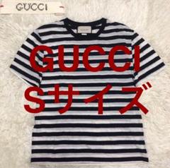 【美品•現行モデル✨】GUCCI Tシャツ ボーダー ロゴプレート￼￼ 紺 S