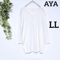 AYA　カットソー　リブニット　LL　襟レース　袖フリル　春夏　ゆったり　上品