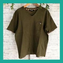 TIMELY WARNING◆Tシャツ　Vネック　カーキ（L)　無地　カジュアル