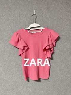 新品☆ZARA ザラ フリルスリーブTシャツ ピンク ZARA フリルスリーブ リブトップス ピンク Mサイズ 半袖