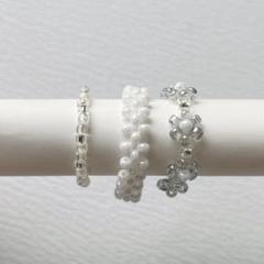 ハンドメイド　ビーズリング　3点セット　パールホワイト×クリアグレー　キラキラ