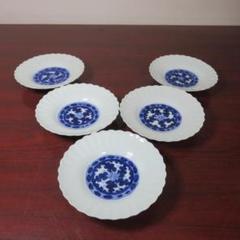 小皿 5枚 白磁器 染付 花形 菊型 花弁縁 古伊万里 江戸 明治 小皿 5枚 白磁器 染付 花形 菊型 花弁縁 古伊万里 江戸 明治