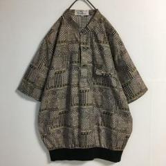 90s 日本製 古着 バンドカラー リブ裾 プルオーバーシャツ L 幾何学模様