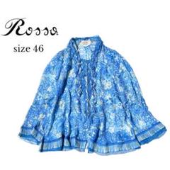 美品 Rossa ロッサ シルク100% シアーフリルブラウス 花柄 総柄 46 美品 Rossa ロッサ シルク100% シアーフリルブラウス 花柄 総柄