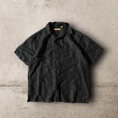 USA古着HAVANERAリネンレーヨン混紡ストライプシャツ半袖開襟ブラックS