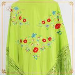 美品◆フラメンコ衣装　エメラルドグリーン×黄色　緑 美品 フラメンコ衣装】グリーン×イエロー×豪華フリル ブラウス