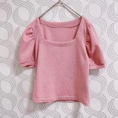 Dazy♡半袖 カットソー パフスリーブ ワッフル生地 くすみピンク XL
