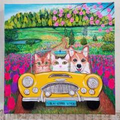 油絵　専用　車に乗るきららちゃん、こゆきちゃん、ふぶきくん 油絵 専用 車に乗るきららちゃん、こゆきちゃん、ふぶきくん