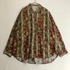 昭和レトロ花柄長袖シャツブラウス美品鮮やか大きいサイズ深緑レッド古着