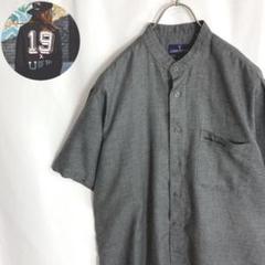 レトロ古着バンドカラー リネン混 半袖シャツ シンプル ワンポイント刺繍 灰色L