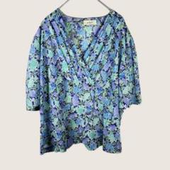 1514boutique紫陽花Vネックカットソー半袖ゆったり総柄派手水彩風レトロ
