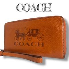 未使用級 COACH コーチ 折り財布 馬車金具 レザー ブラウン COACH コーチ 折り財布 シグネチャー 馬車ロゴ ライトブラウン
