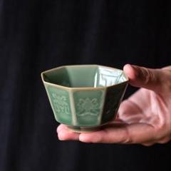 新品 中国美術 2客セット 湯呑み 茶器 青磁 煎茶道具 八角紋