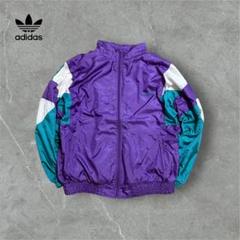 【L15】80-90s adidas白タグナイロンジャケット刺繍パープルグリーン