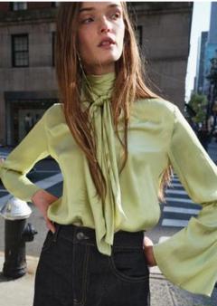 新品 ZARA リボン 長袖 ブラウス シャツ ライム