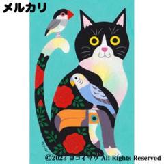 原画「ハチワレ猫と小鳥ブレーメン 青緑」猫/文鳥/インコ/イラスト/絵画/アート