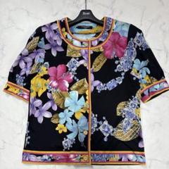 極美品　LEONARD トリム 金ボタン 花柄　ノーカラージャケット　L 極美品 LEONARD トリム 金ボタン 花柄 ノーカラージャケット L
