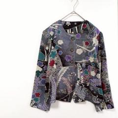 ノーカラージャケット ブラック系 多色花柄刺繍 肩パッド 日本製 t4646