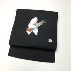 【名古屋帯】扇に御所車模様 松　塩瀬 黒地 ブラック カジュアル アンティーク 2025年最新】名古屋帯 塩瀬 黒の人気アイテム - メルカリ