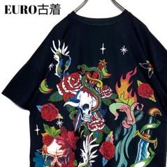 Euro古着 全面プリントtシャツ ドクロ タトゥー柄 黒 XL グラフィックT