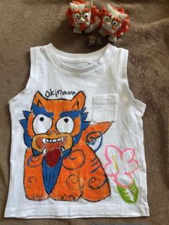 【90サイズ】手描きシーサーTシャツ★沖縄風★ベビーにぴったりな1点物！