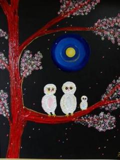 TOMOYUKI・友之、「夜桜と親子梟」、証明書付、額付、絵画 油絵 油彩画 TOMOYUKI・友之、「夜桜と親子梟」、証明書付、額付、絵画 油絵