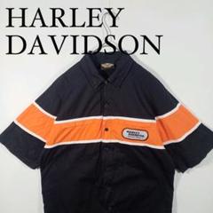 HARLEY DAVIDSON 半袖ワークシャツ ブラックオレンジ ボタンダウン
