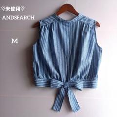 ANDSERCH　ストライプシャツブラウス　バックリボン　バンド襟　ギャザー　青