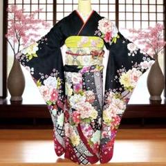 【草履以外全てあり】振袖フルセット 黒地×牡丹柄 豪華金彩 成人式 結婚式