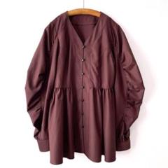 美品 SHIPS 配色ステッチボリュームギャザースリーブブラウス ダークブラウン
