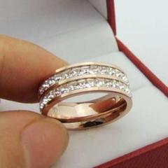 18k ピンクゴールド 2連人工ダイヤモンド 指輪 レディースリング