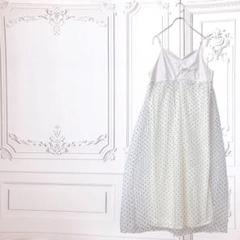 キャミ ワンピース【M】ホワイト系 ドット柄 異素材 チュール ドッキング