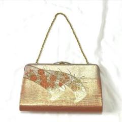 美品】和装バッグ 金糸 朱色 グラデーション 華やか 花模様 金