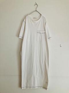 イウエンマトフ●半袖 ステッチ スリット ロングＴシャツワンピース●白