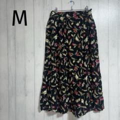 美品✨️(M)花柄 フレアスカート 黒地 ウエストゴム ファスナー 海外古着