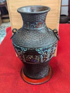 時代物　獅子象嵌　銅花瓶　秀玉作 時代物獅子象嵌銅花瓶秀玉作
