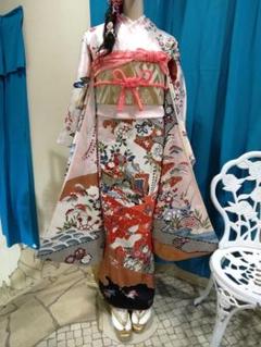 豪華古典柄振袖袋帯帯揚げ帯締め可愛い桃色水色西陣織袋帯