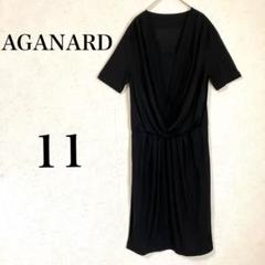 【AGANARD】 半袖ドレープ膝丈ワンピース 11号黒ブラック ウエストゴム