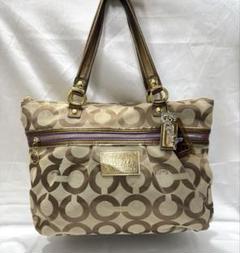 【良品】コーチポピー　トートバッグ　エナメル　ベージュ　肩掛け　F20441 良品】COACH コーチ ポピー シグネチャー トートバッグ