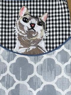 【ハンドメイド】スマホショルダー　サコッシュ　ポシェット　猫　ストライプ　水色