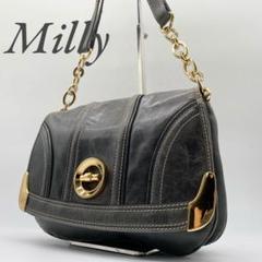 【良品】ミラー ハンドバッグ レザー ターンロック ゴールド金具 ブラック