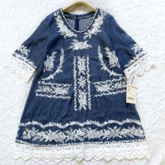 新品未使用　ヴィアファブリカ　花柄刺繍とレースのチュニック　M〜L 綿　半袖　青