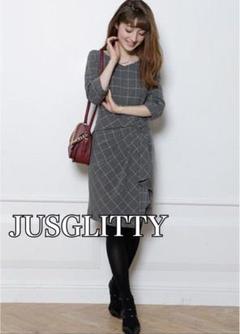 JUSGLITTY ベージュ 7号 ひざ丈ワンピース ウエストデザイン ドレス JUSGLITTY ベージュ 7号 ひざ丈ワンピース ウエストデザイン