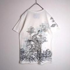 Tシャツ (L) 刺繍 龍 プリントデザイン 男女兼用 コットン 白系 古着