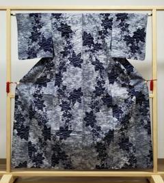 A5 浴衣 露草に桔梗の花模様 灰色 紺色 綿 夏物 着物