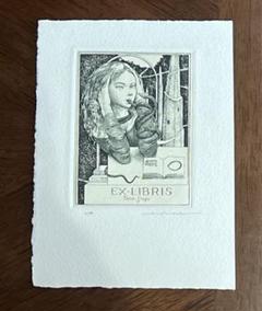 アルフォンスイノウエ リコーダーを吹く少女 銅版画　アルフォンス井上　蔵書票 アルフォンス・イノウエ銅版蔵書票 「リコーダーを吹く少女